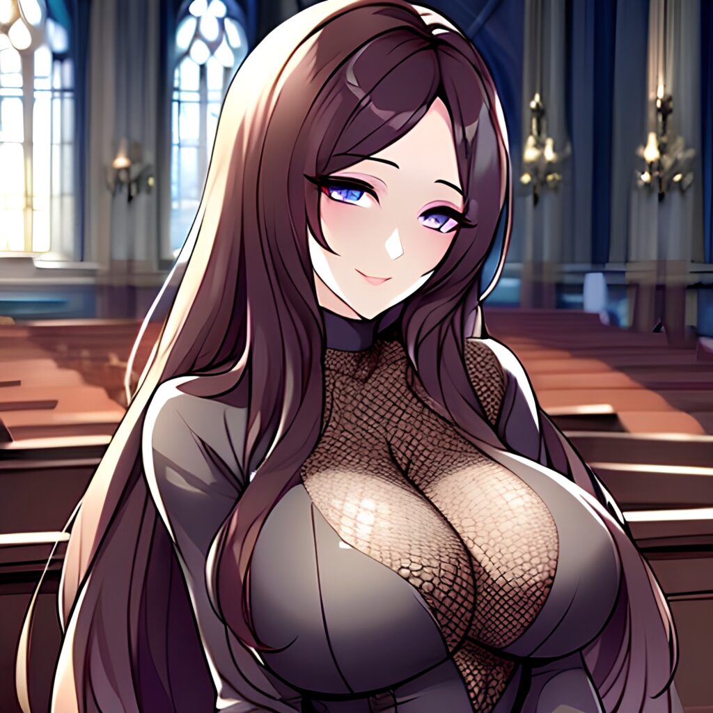 brunette woman messy hair fishnet long hair church
