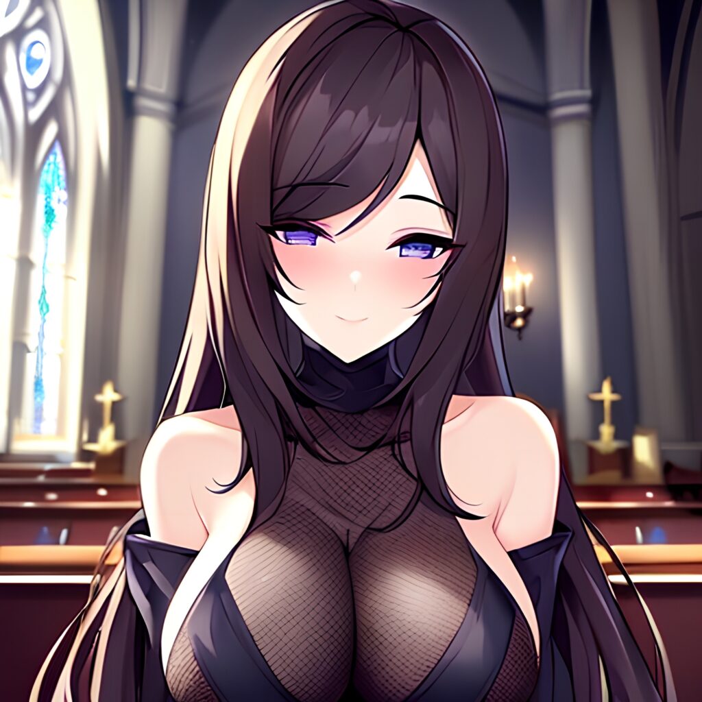 brunette woman messy hair fishnet long hair church