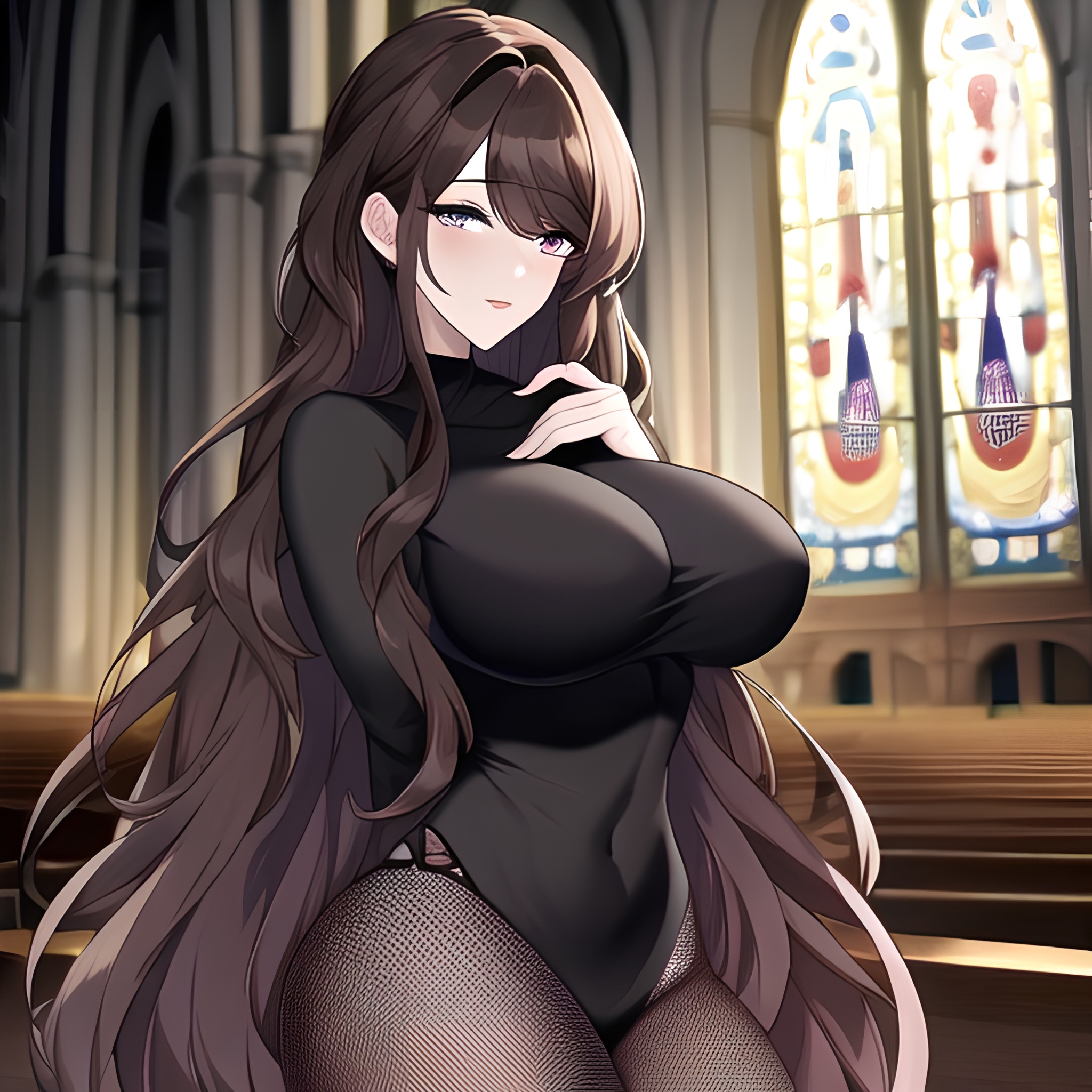 brunette woman messy hair long hair church fishnet 