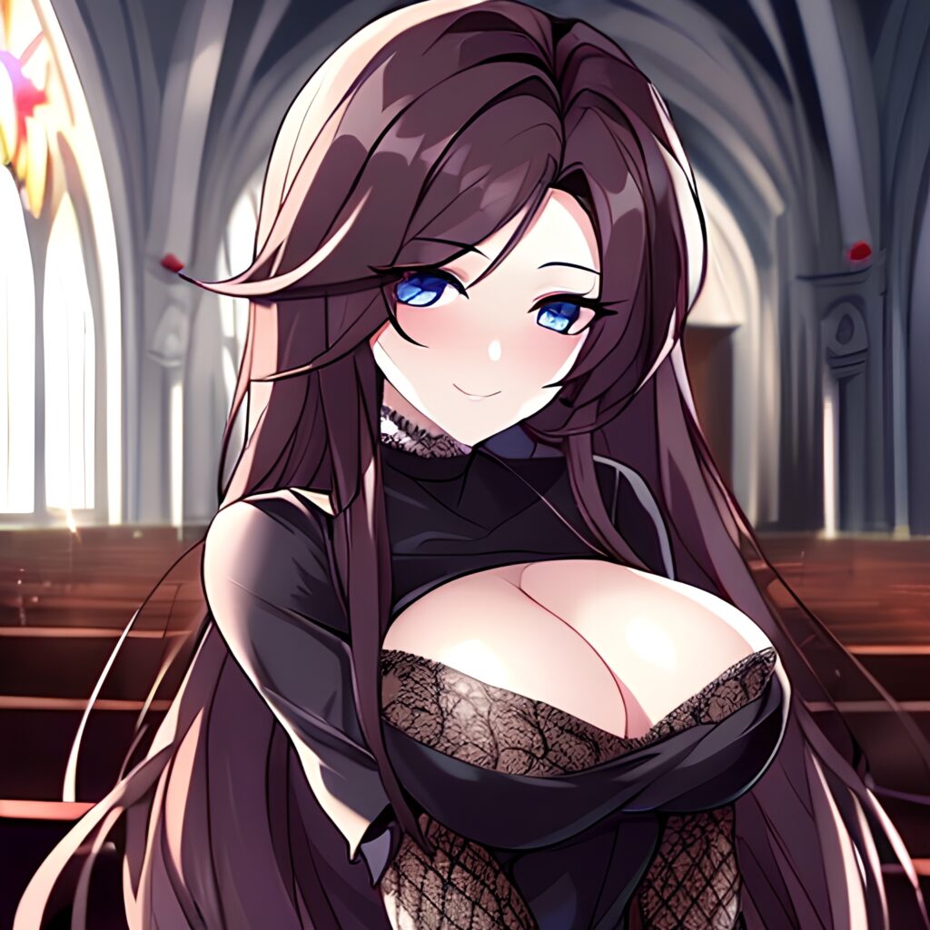 brunette woman messy hair long hair fishnet church