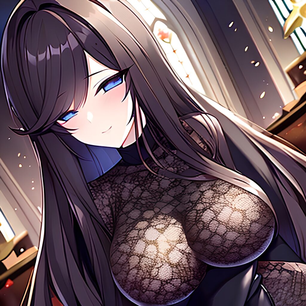 brunette woman messy hair long hair fishnet church