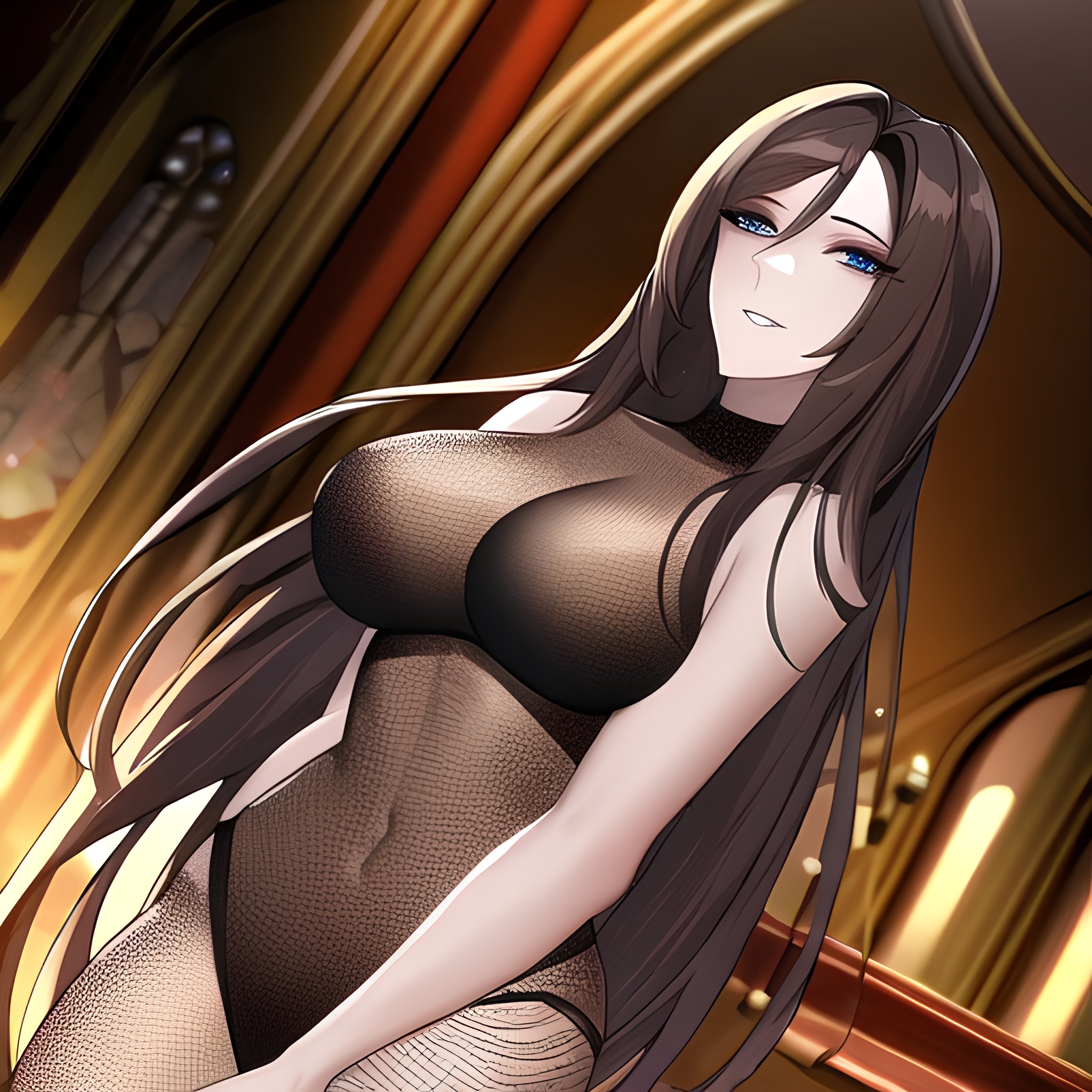 brunette woman messy hair long hair fishnet church 