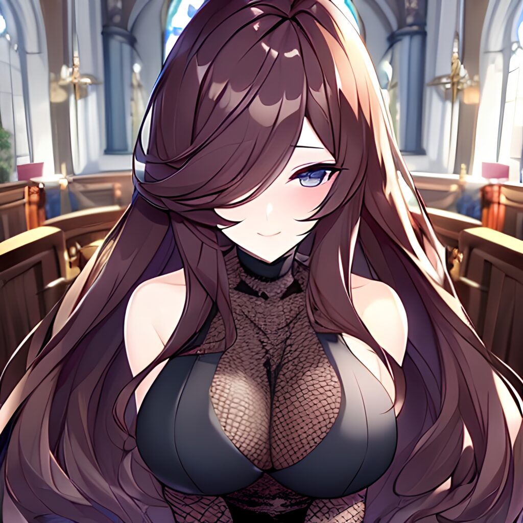 brunette woman messy hair long hair fishnet church