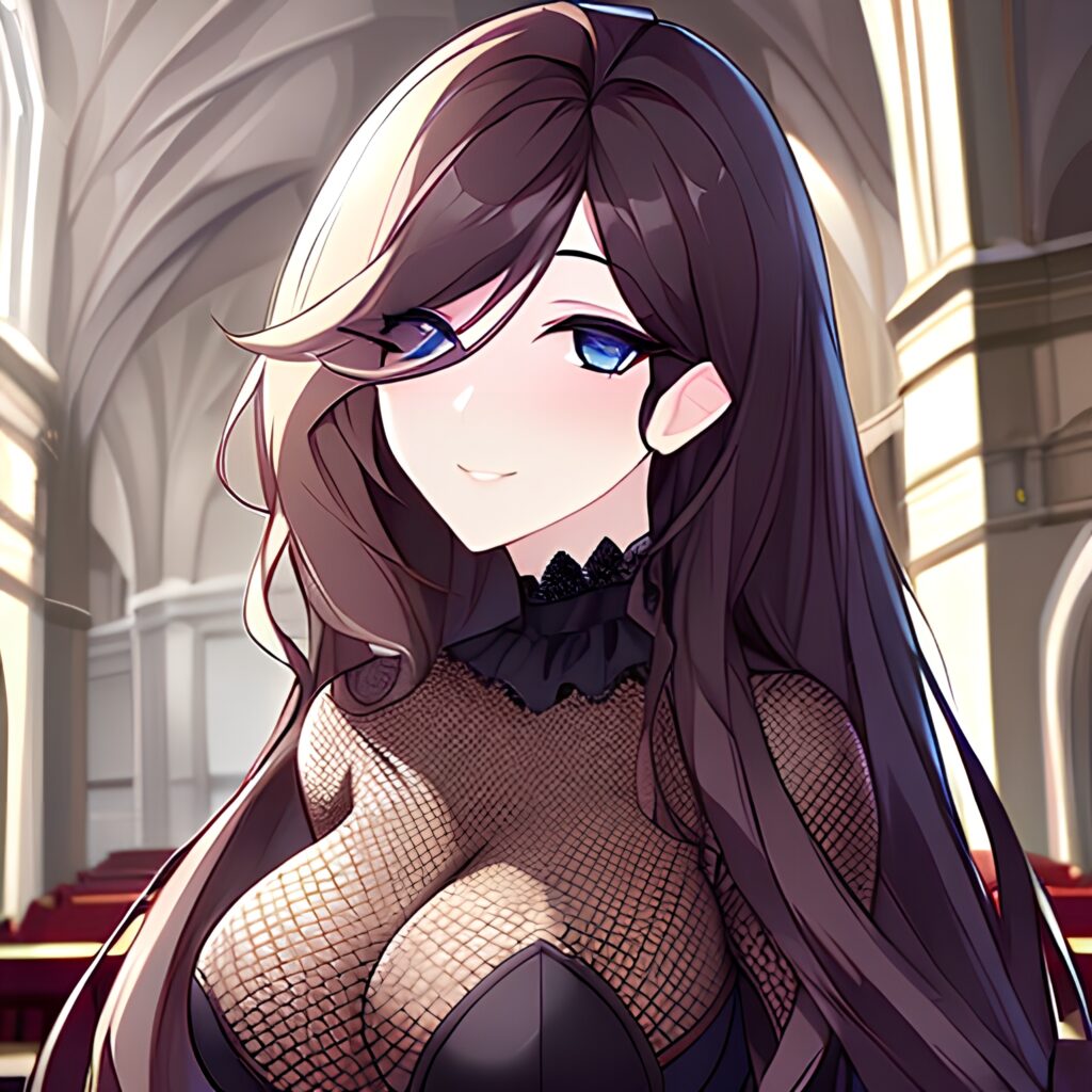 church brunette fishnet long hair messy hair woman