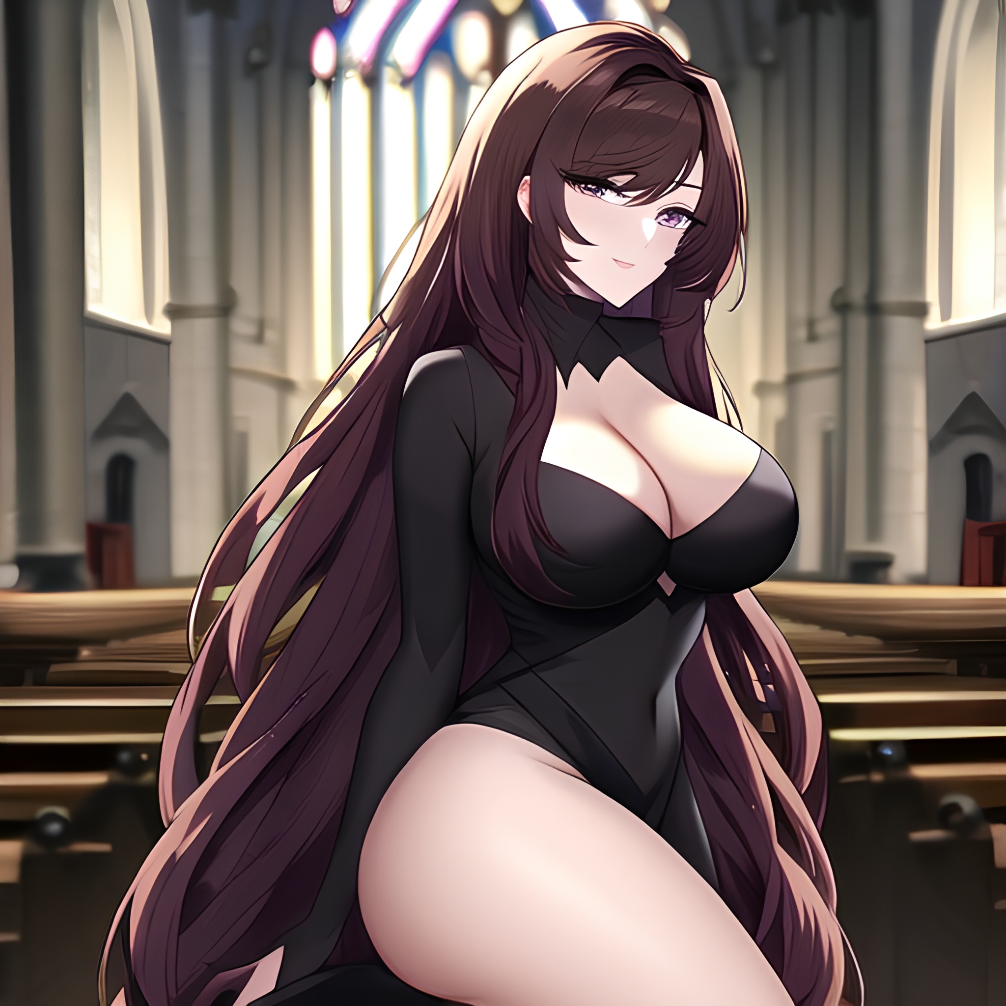 church brunette fishnet long hair messy hair woman