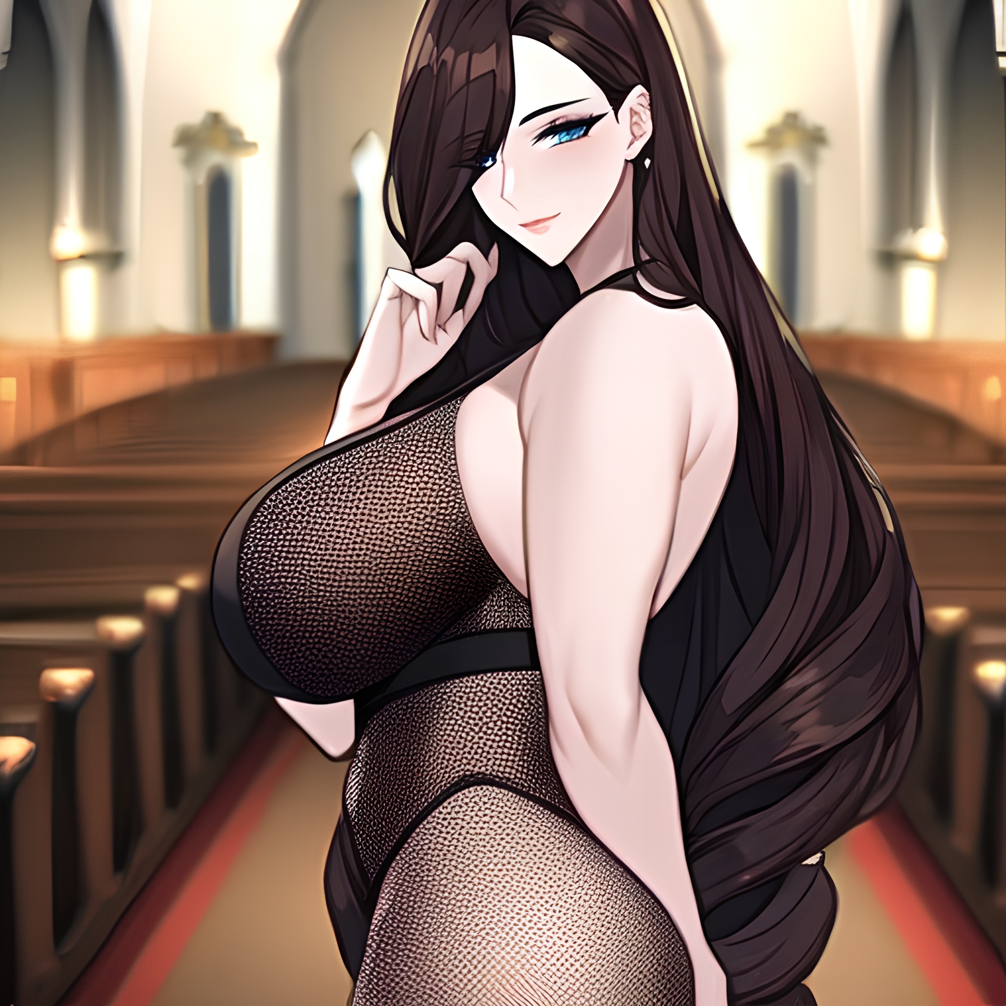 church brunette fishnet long hair messy hair woman 