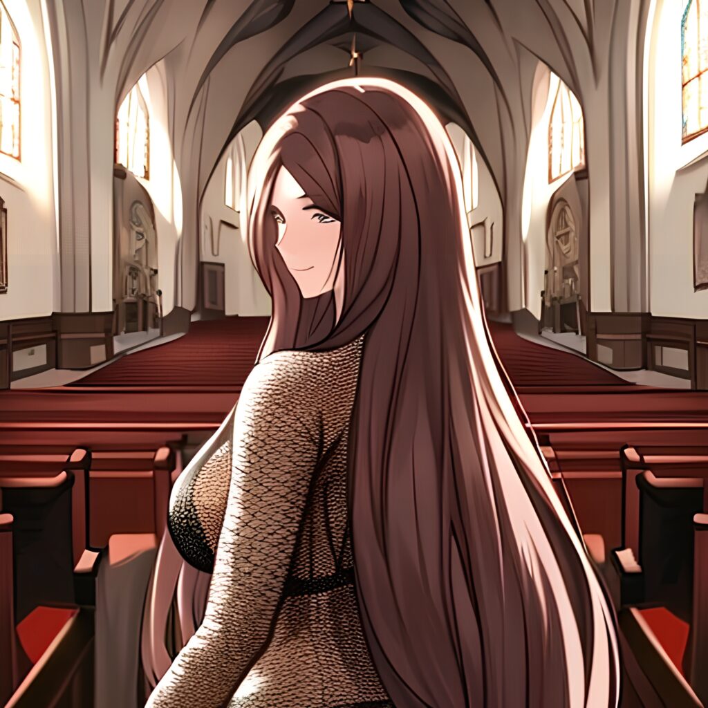 church brunette fishnet long hair woman messy hair