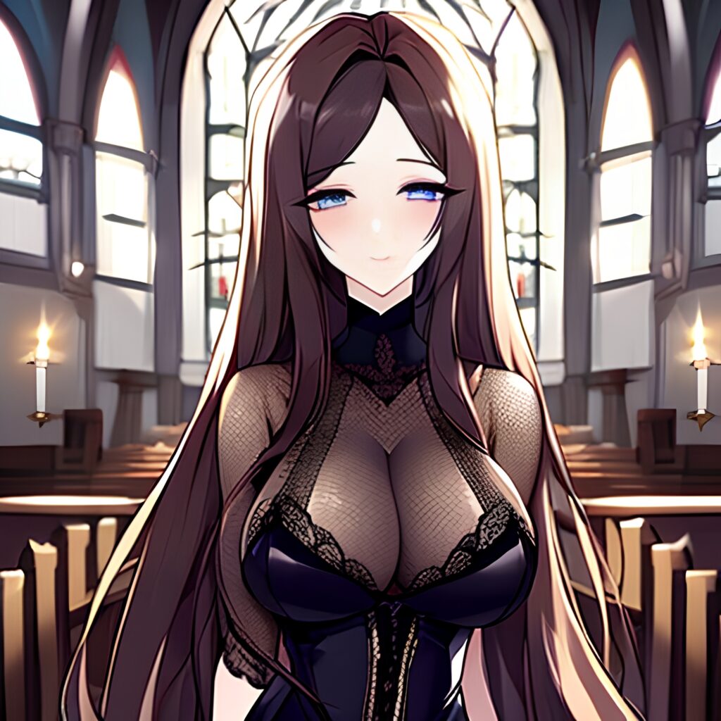 church brunette fishnet long hair woman messy hair 