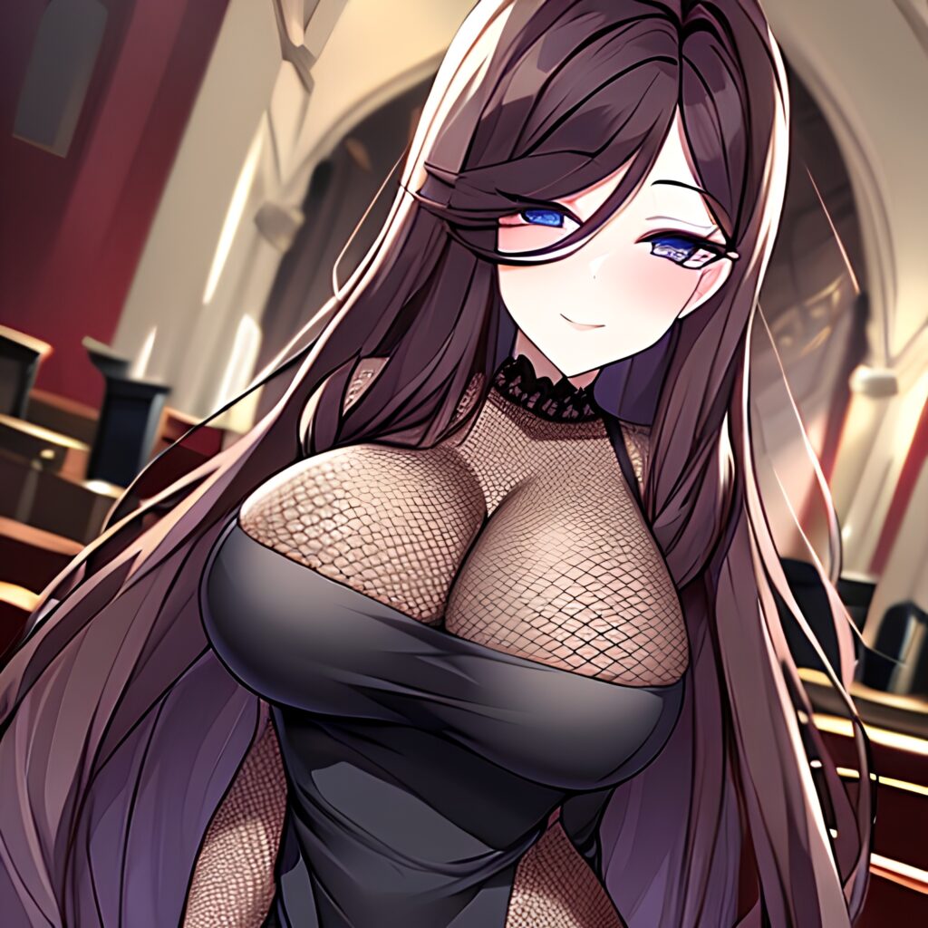 church brunette fishnet long hair woman messy hair
