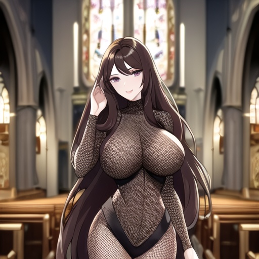 church brunette fishnet long hair woman messy hair