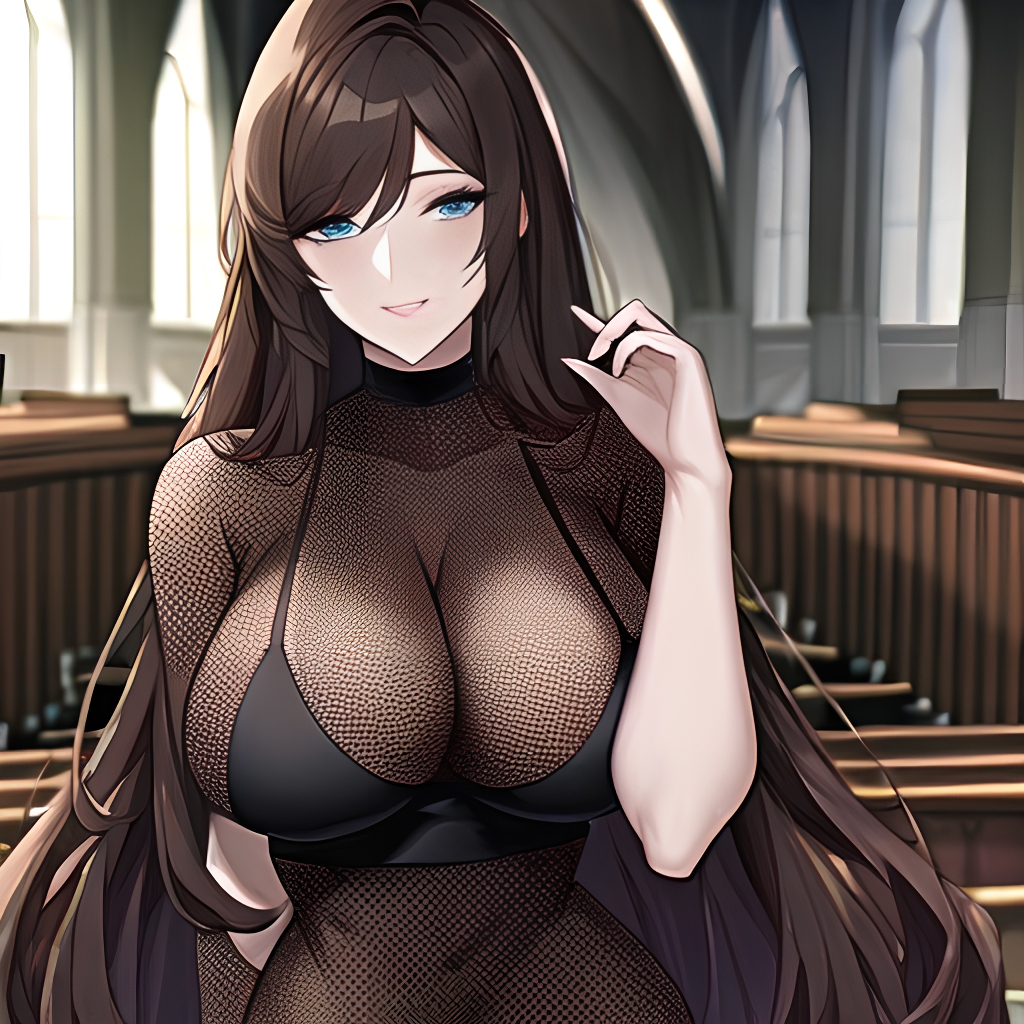 church brunette fishnet long hair woman messy hair 
