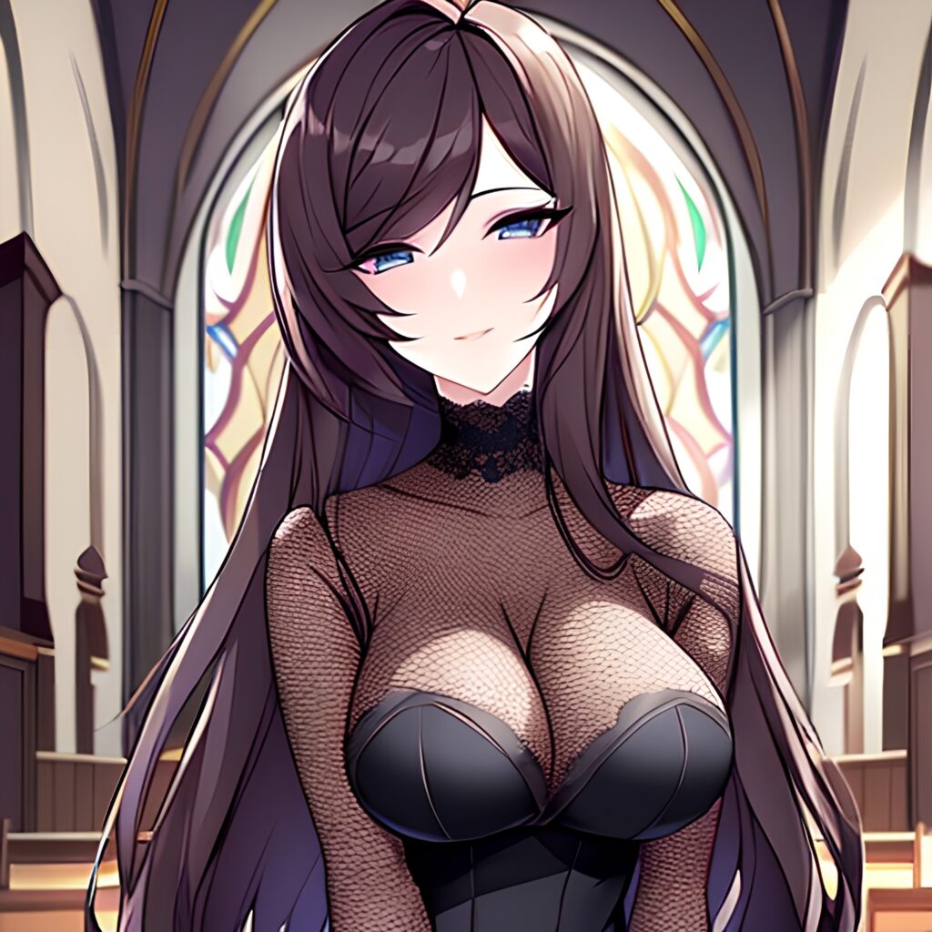 church brunette fishnet messy hair long hair woman 