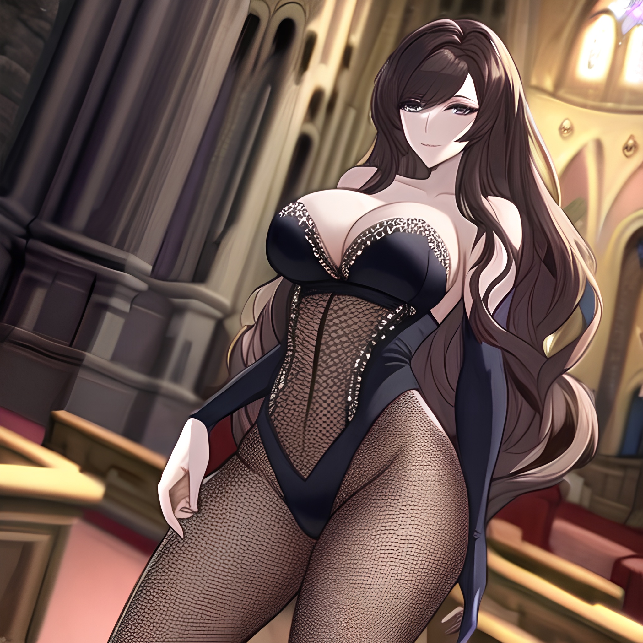 church brunette fishnet messy hair long hair woman 