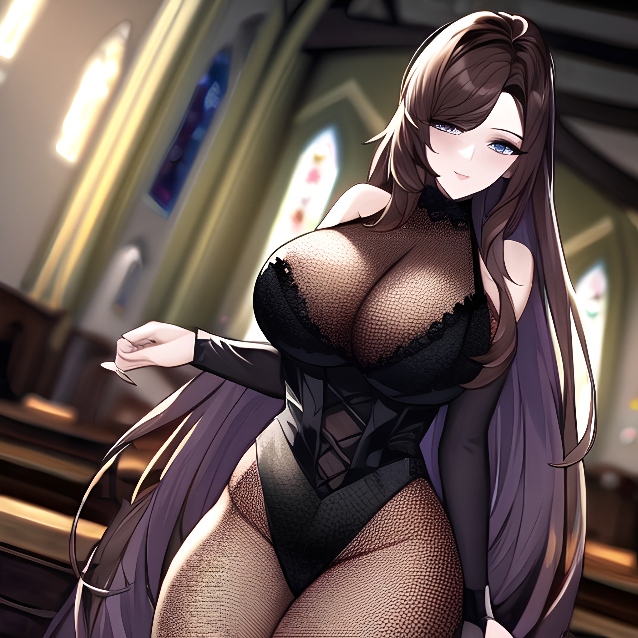 church brunette fishnet messy hair woman long hair