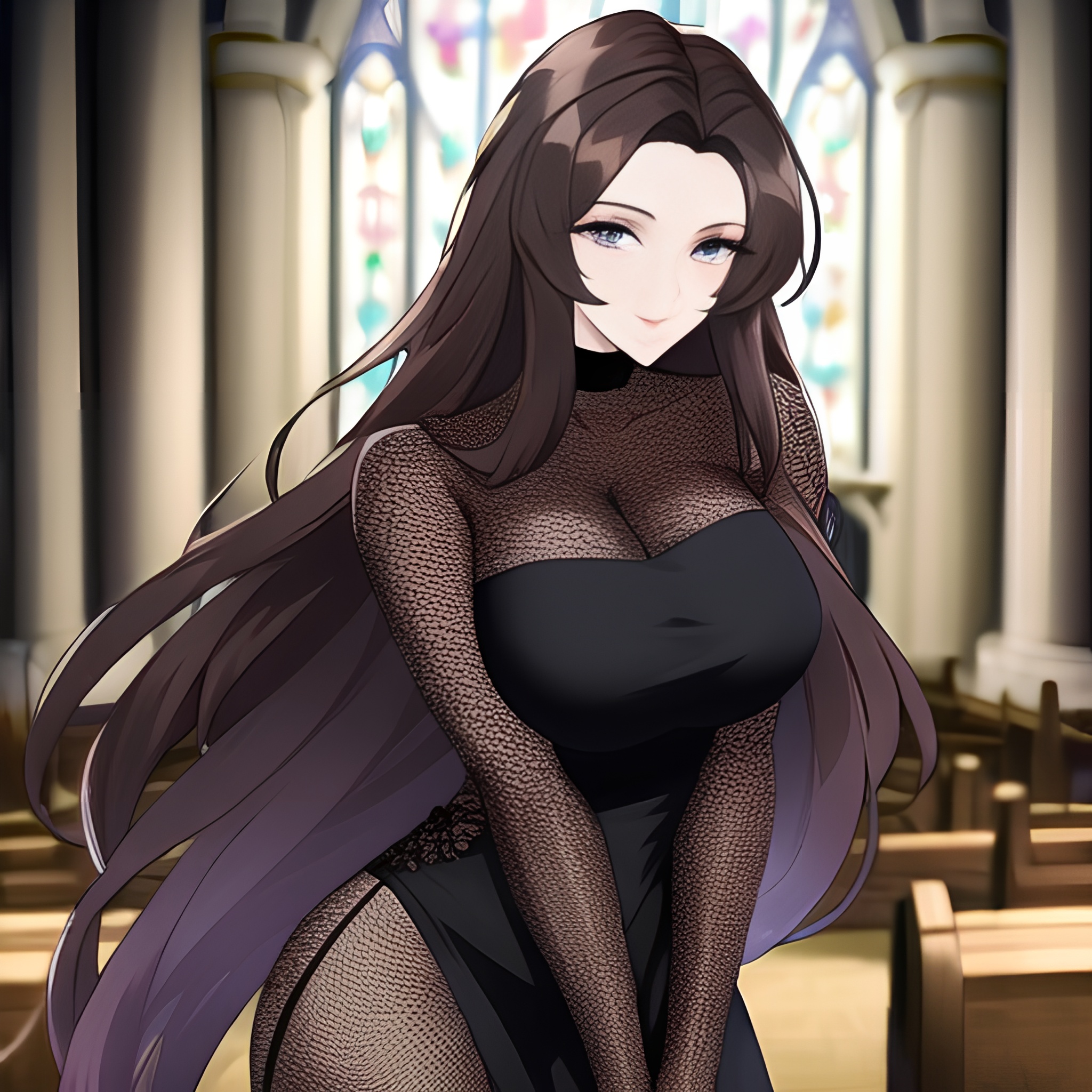 church brunette fishnet messy hair woman long hair 