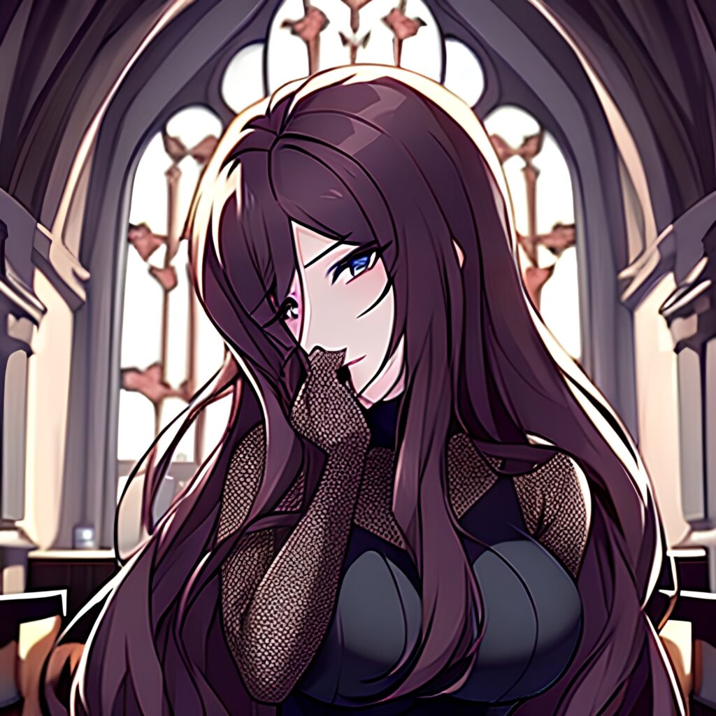 church brunette fishnet messy hair woman long hair 