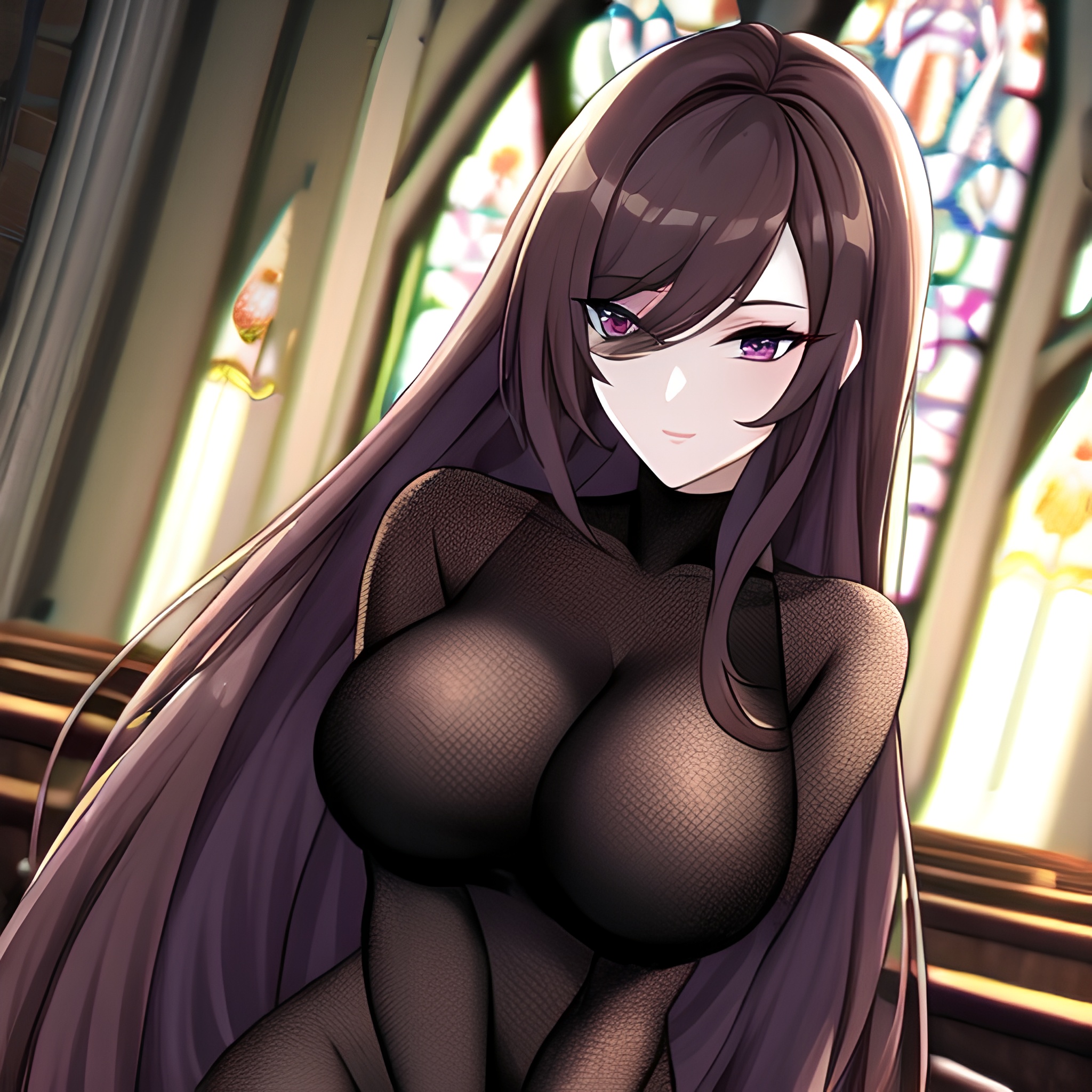 church brunette fishnet messy hair woman long hair 