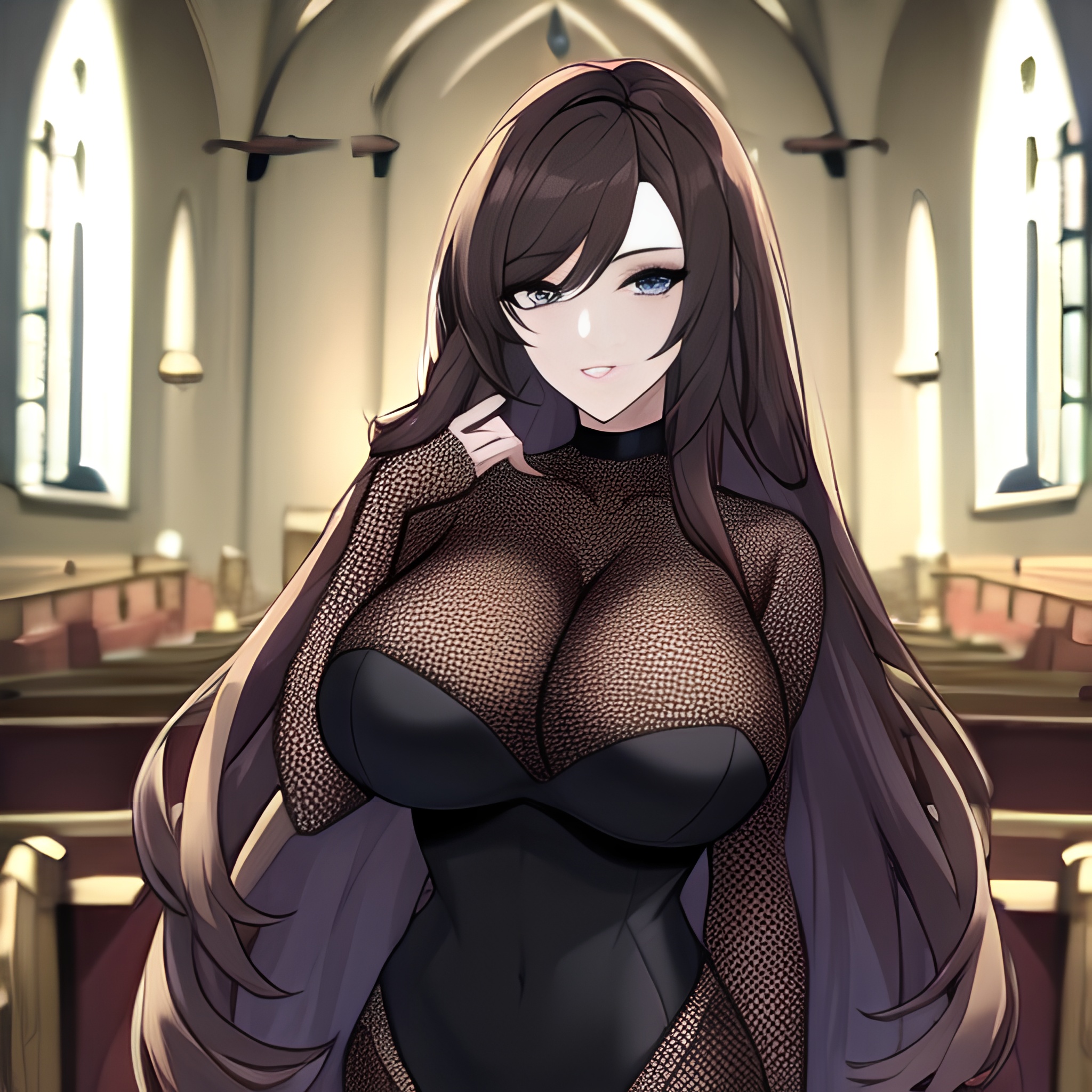 church brunette fishnet woman long hair messy hair 