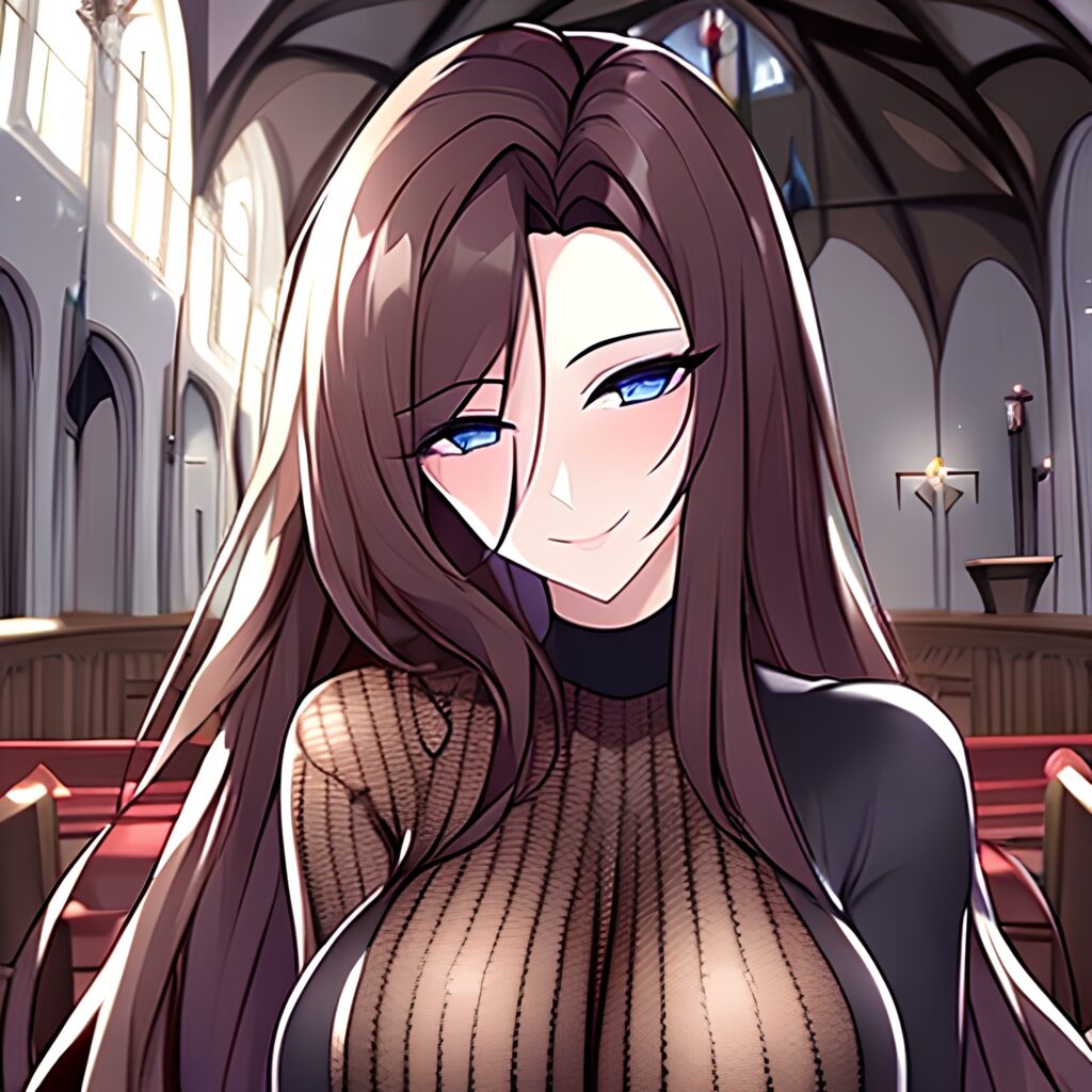 church brunette fishnet woman long hair messy hair 