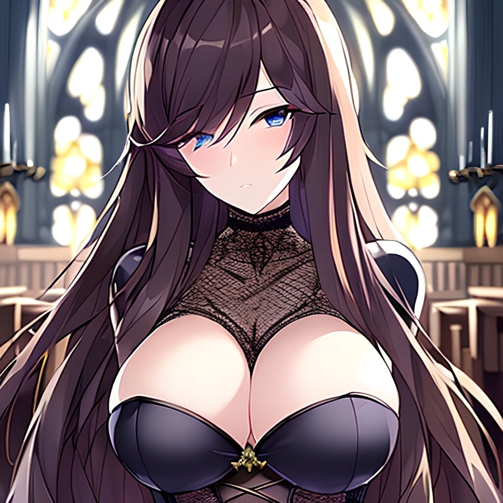 church brunette fishnet woman long hair messy hair 
