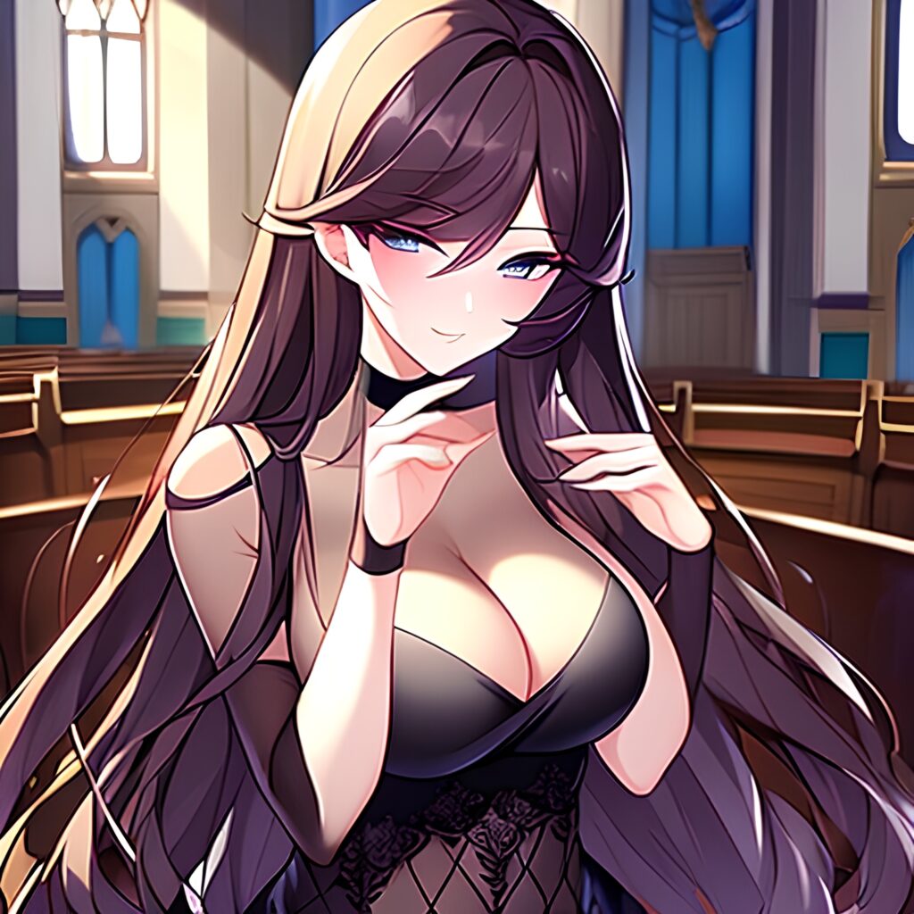 church brunette fishnet woman long hair messy hair 