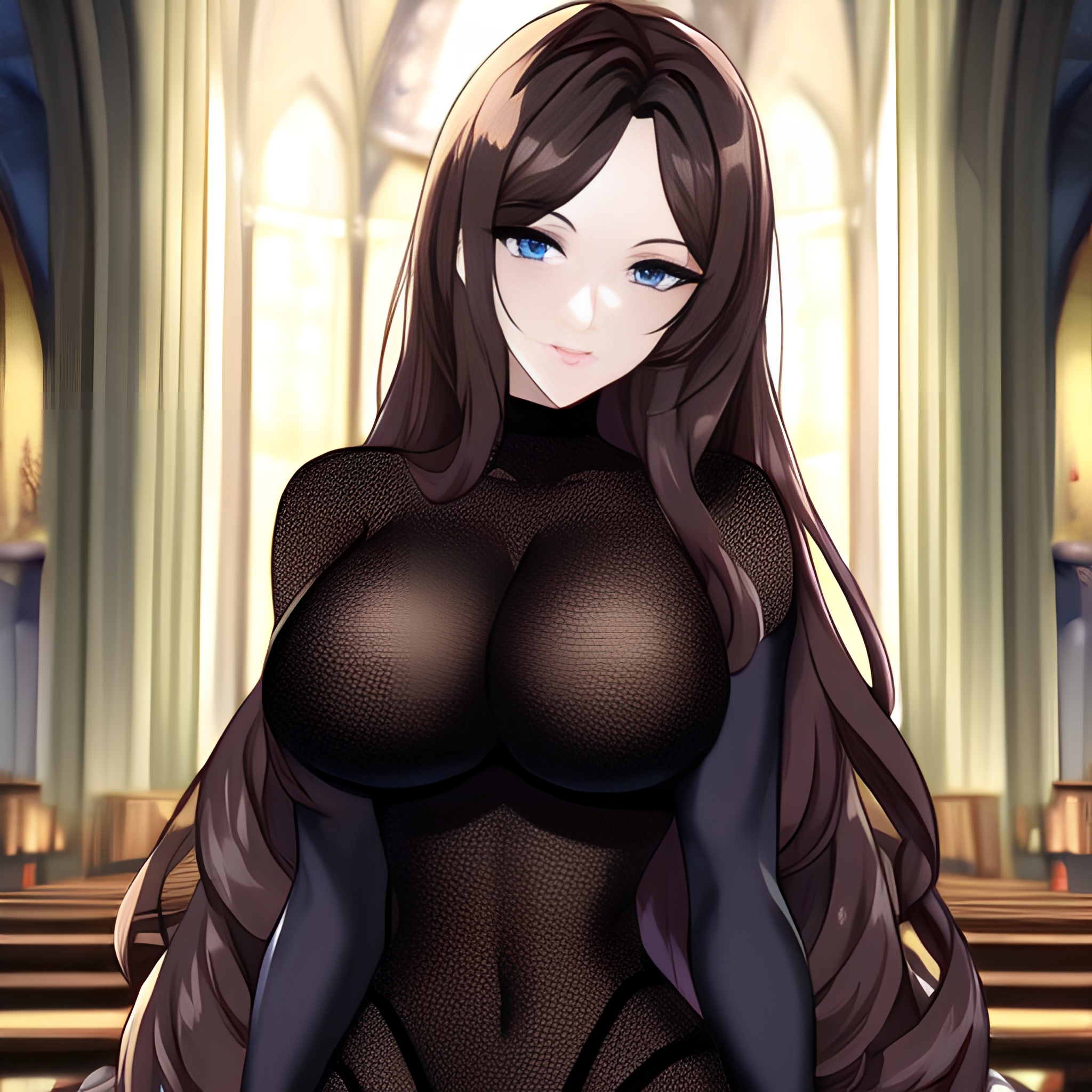 church brunette fishnet woman long hair messy hair 