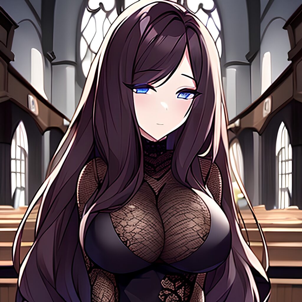 church brunette fishnet woman messy hair long hair 