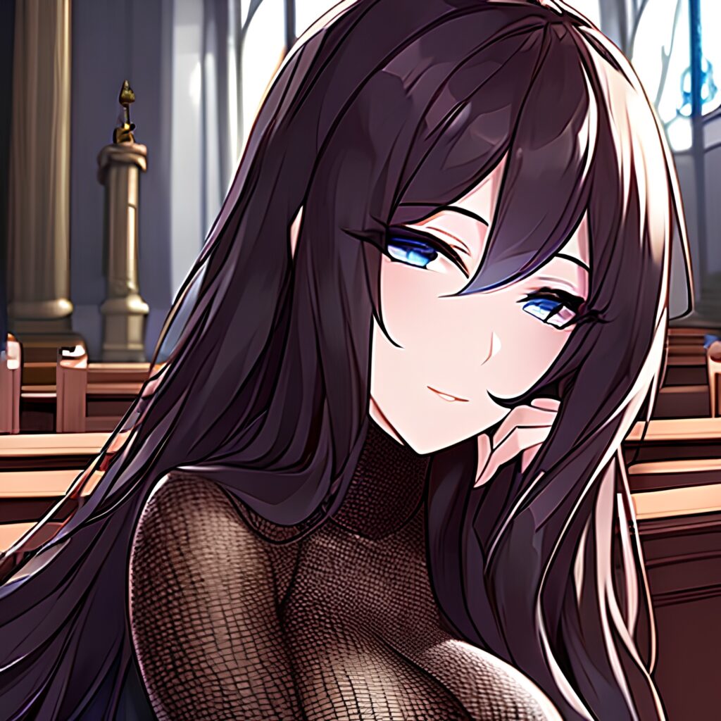 church brunette fishnet woman messy hair long hair 