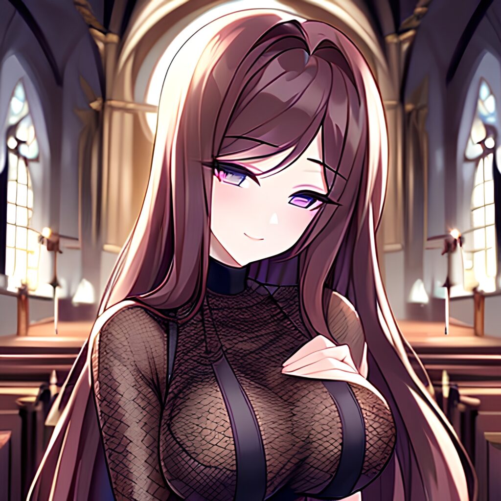 church brunette fishnet woman messy hair long hair 