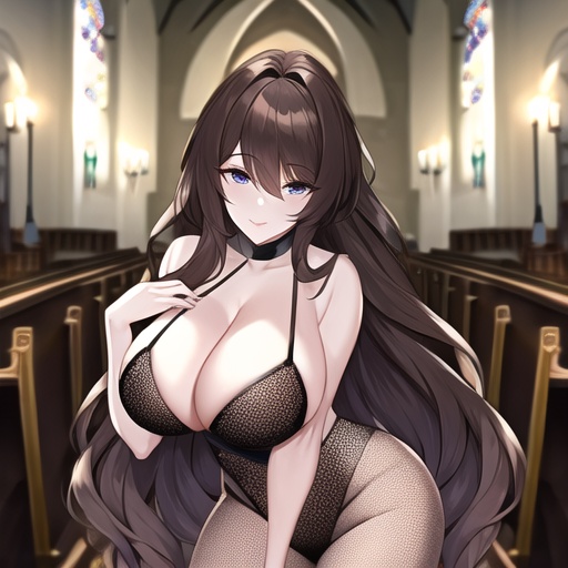 church brunette long hair fishnet woman messy hair 