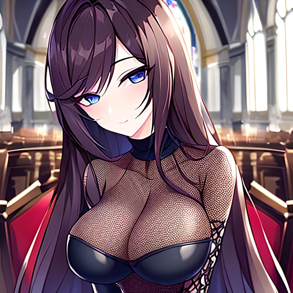 church brunette long hair fishnet woman messy hair 