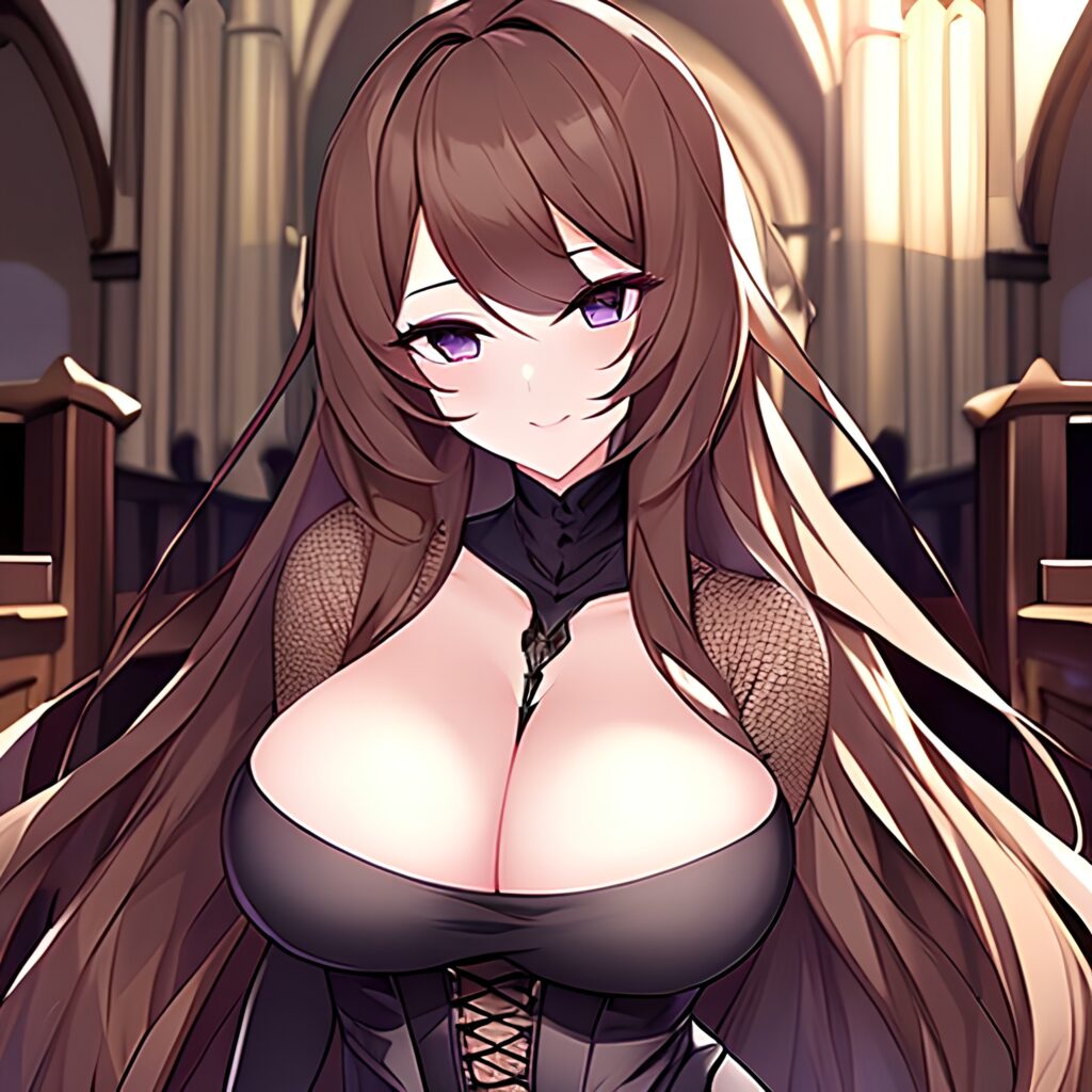 church brunette long hair fishnet woman messy hair