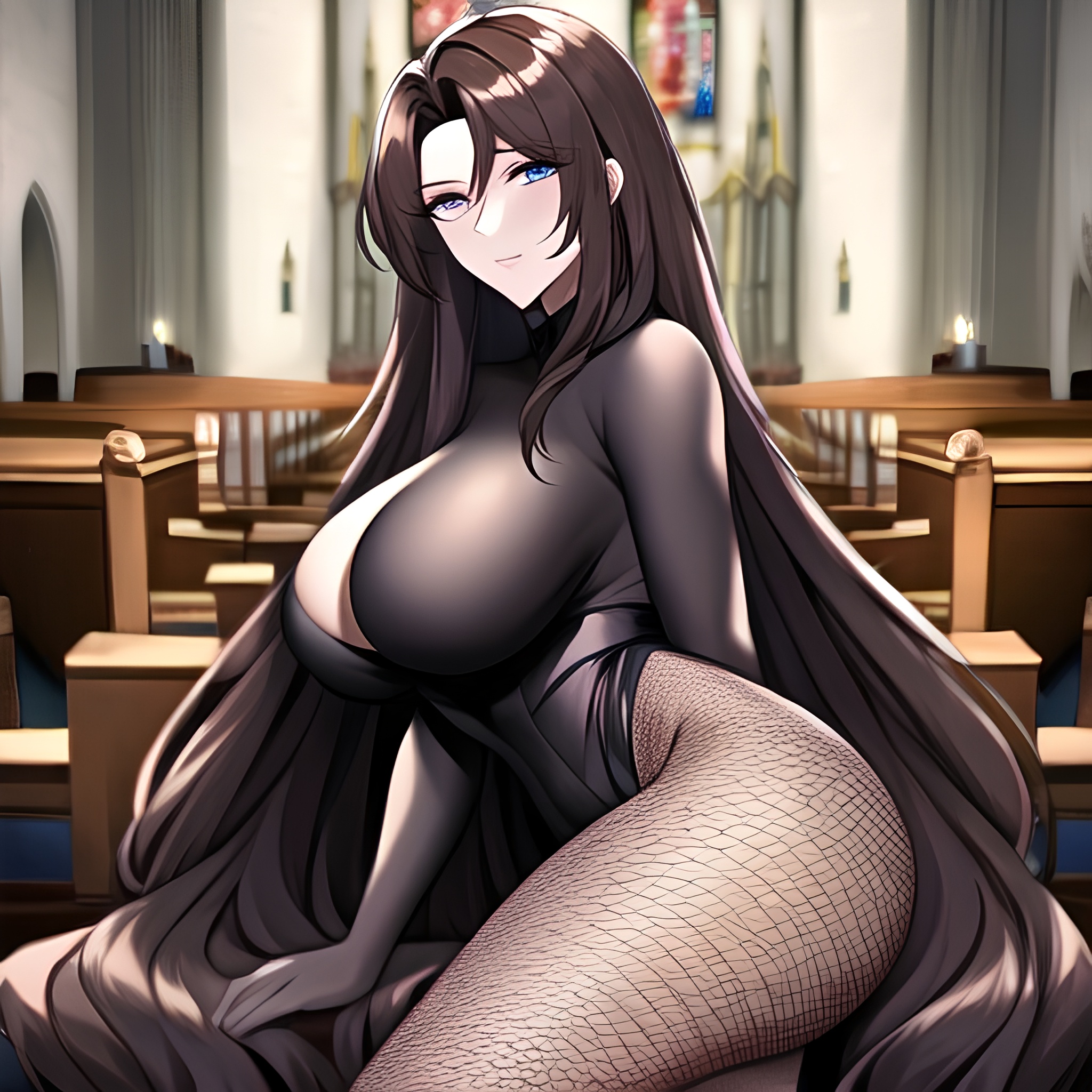 church brunette long hair fishnet woman messy hair 