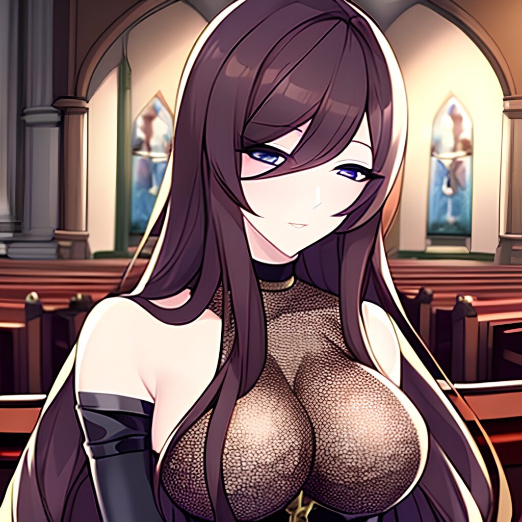 church brunette long hair fishnet woman messy hair 