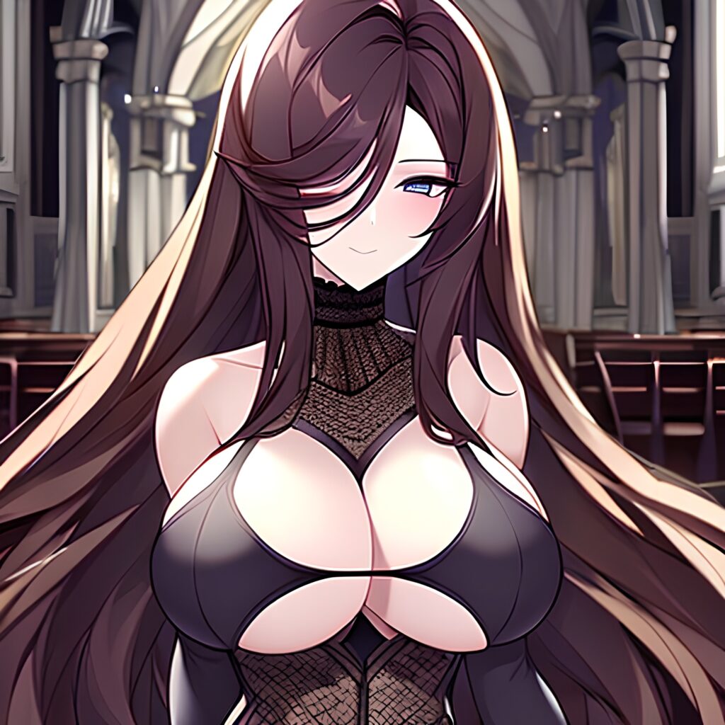 church brunette long hair messy hair fishnet woman