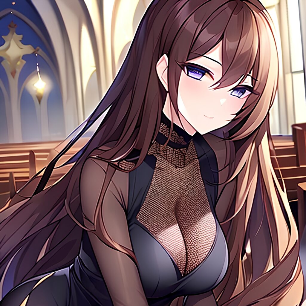 church brunette long hair messy hair fishnet woman