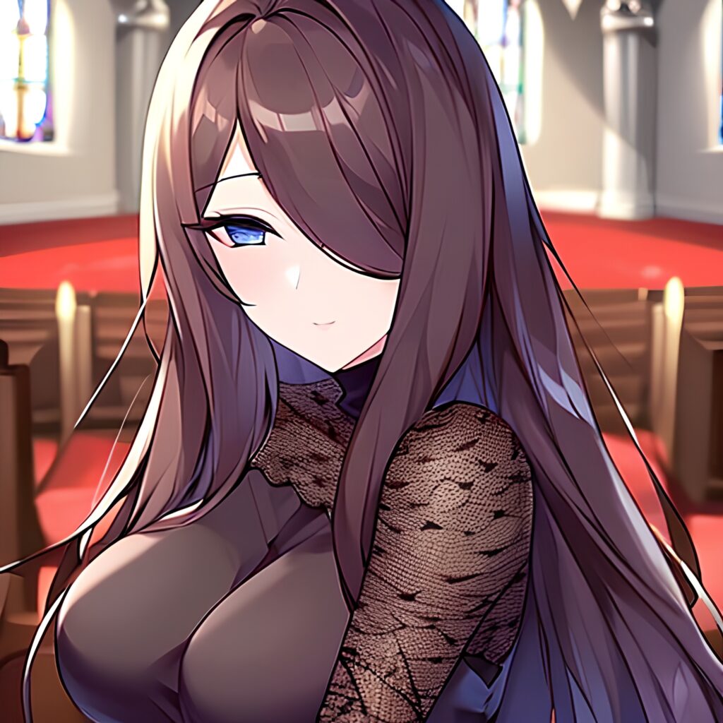 church brunette long hair messy hair fishnet woman
