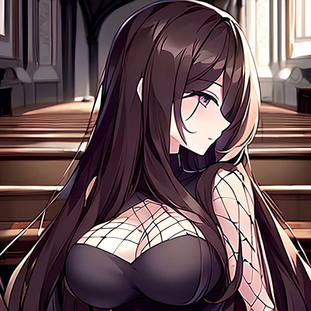 church brunette long hair messy hair fishnet woman 