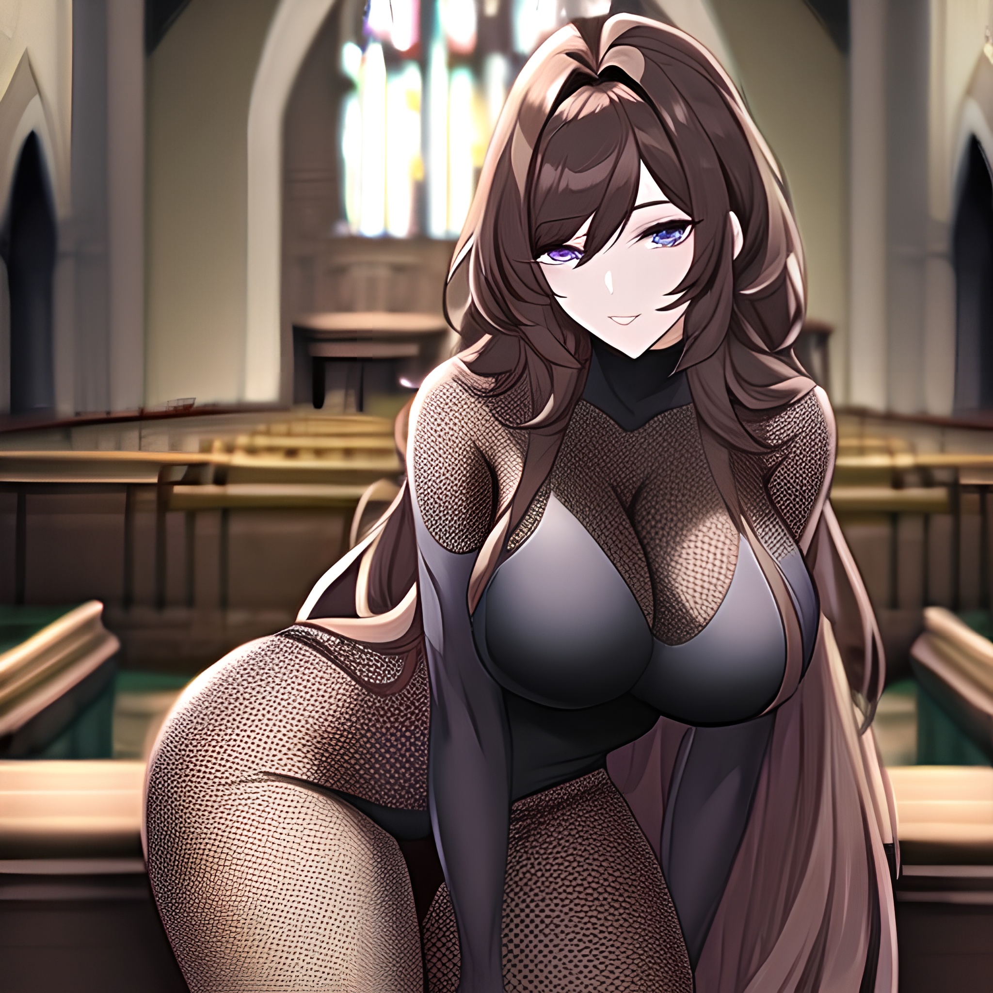 church brunette long hair messy hair fishnet woman