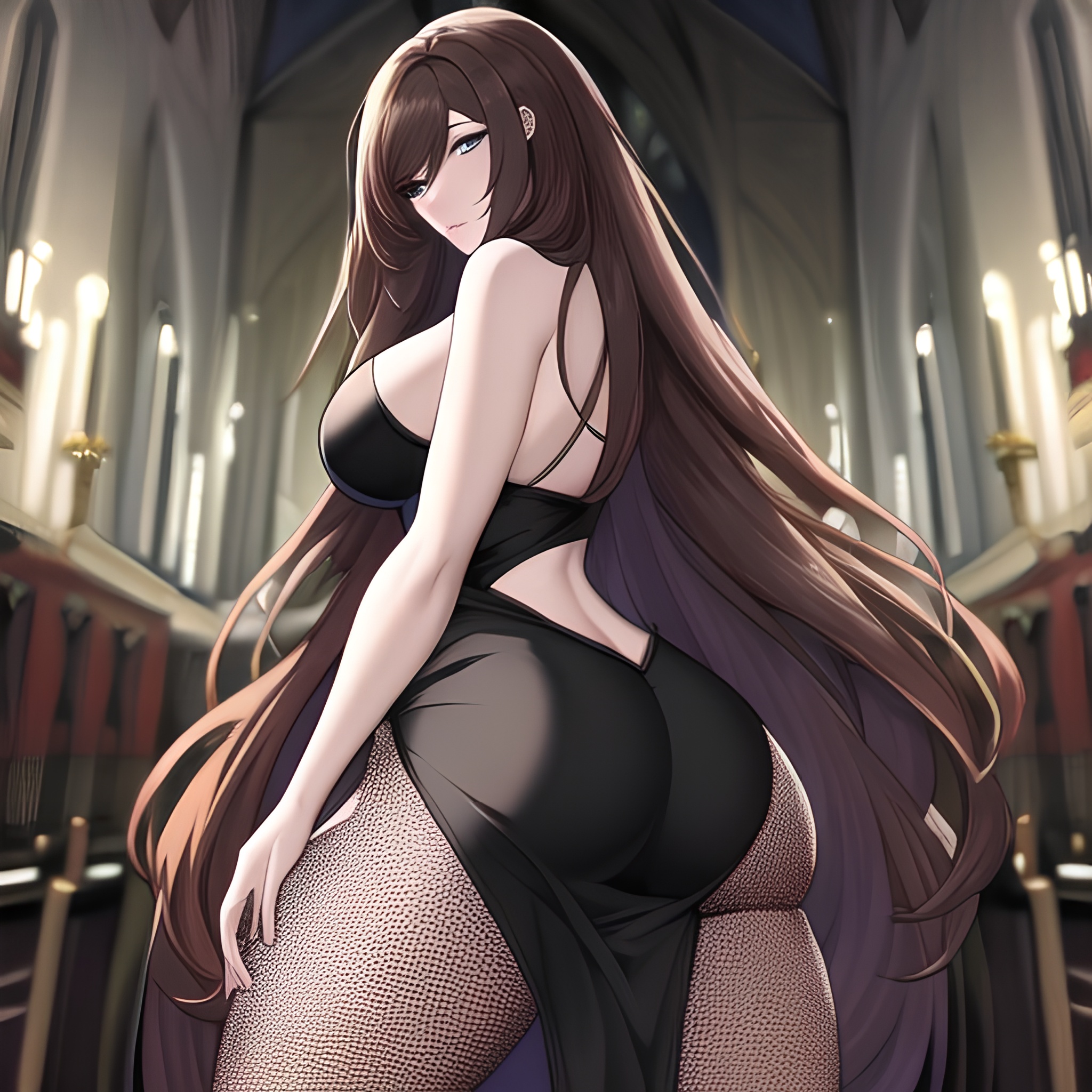 church brunette long hair messy hair woman fishnet 