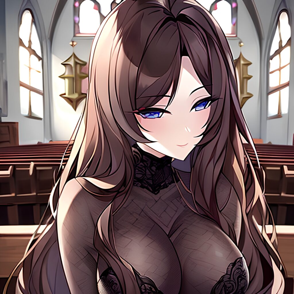 church brunette long hair messy hair woman fishnet 