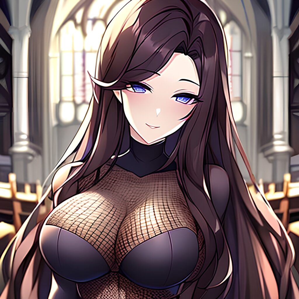 church brunette long hair messy hair woman fishnet