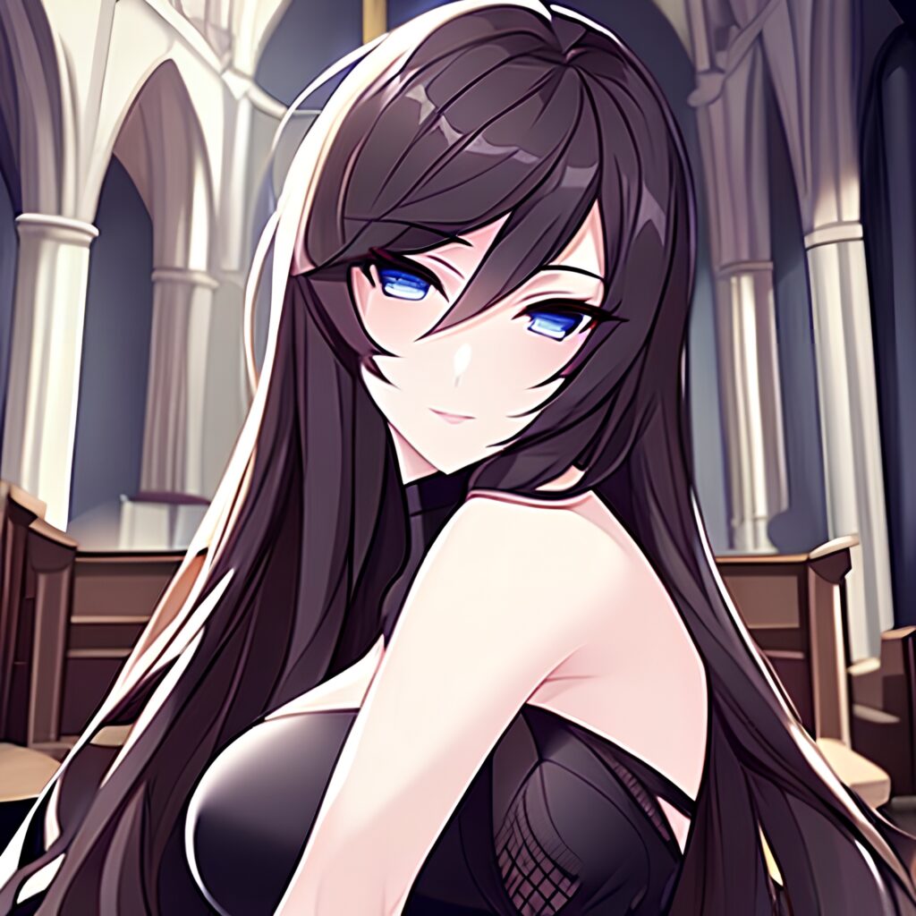 church brunette long hair messy hair woman fishnet