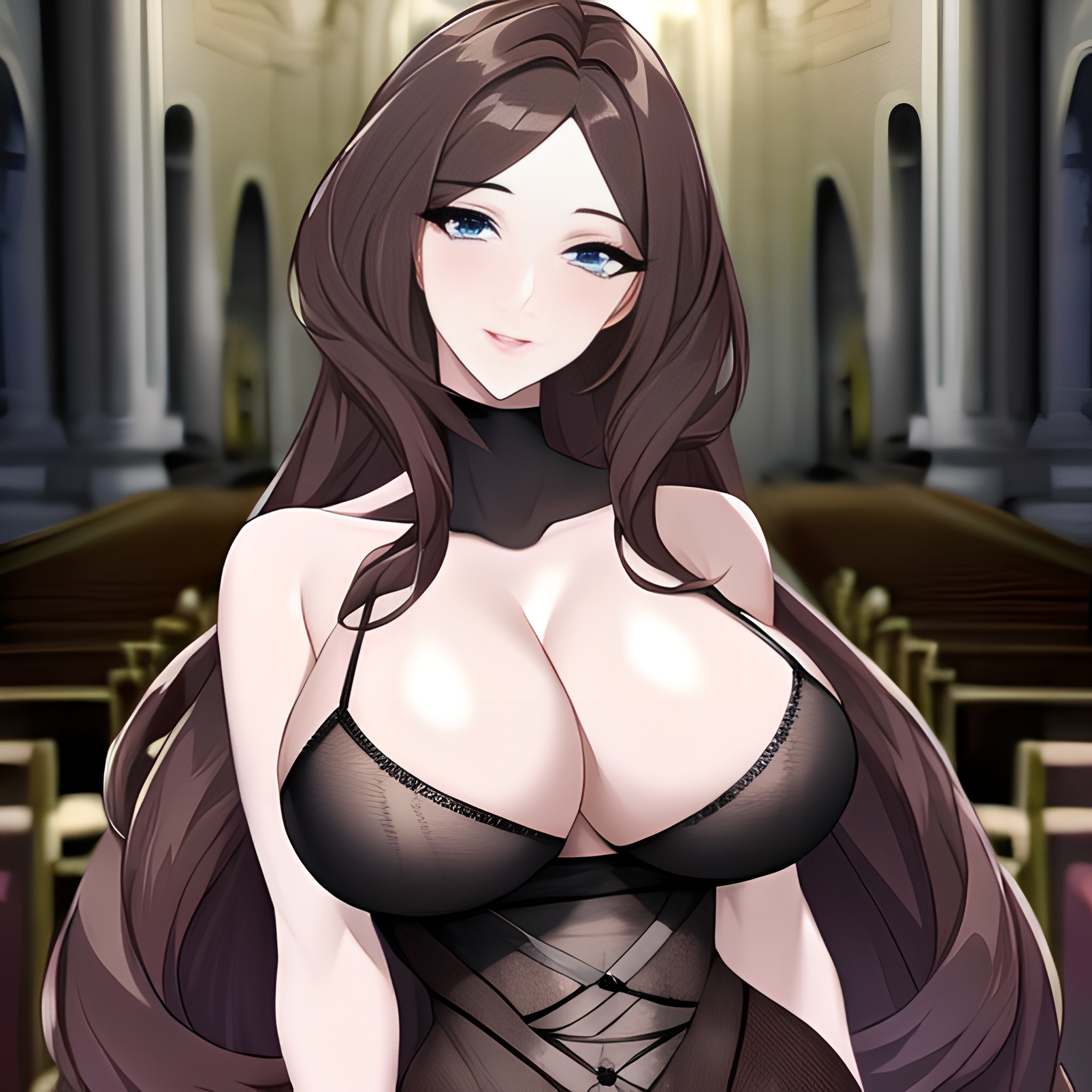 church brunette long hair woman fishnet messy hair 