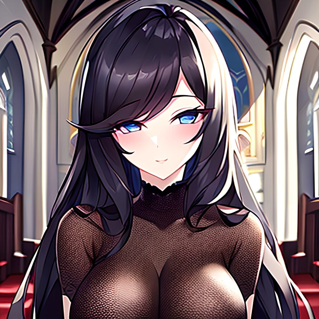 church brunette long hair woman messy hair fishnet