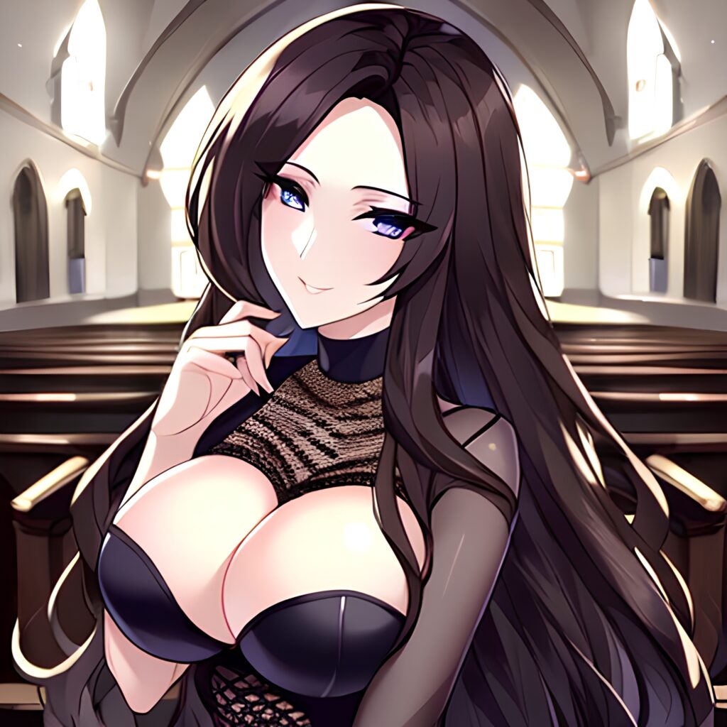 church brunette long hair woman messy hair fishnet 