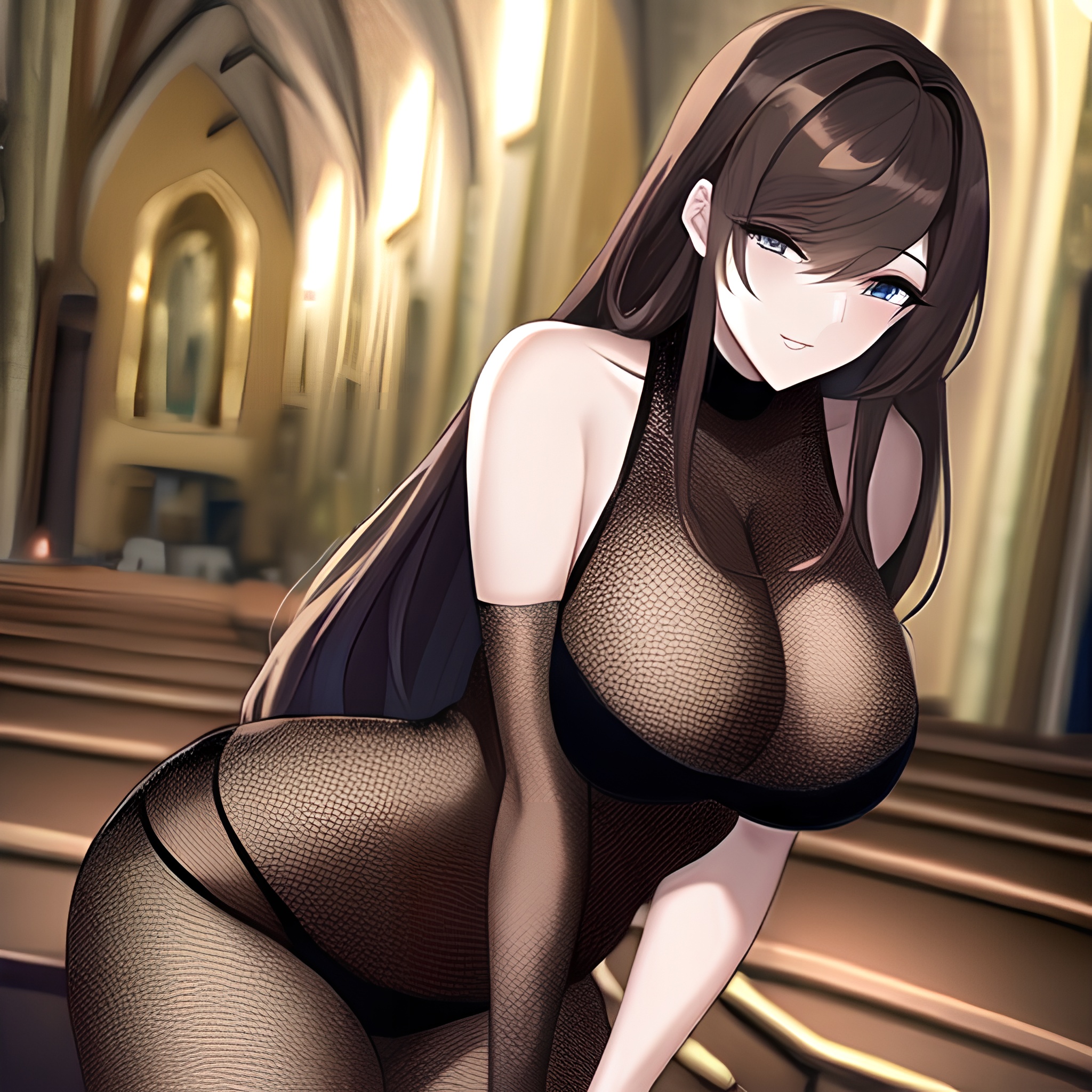 church brunette long hair woman messy hair fishnet 