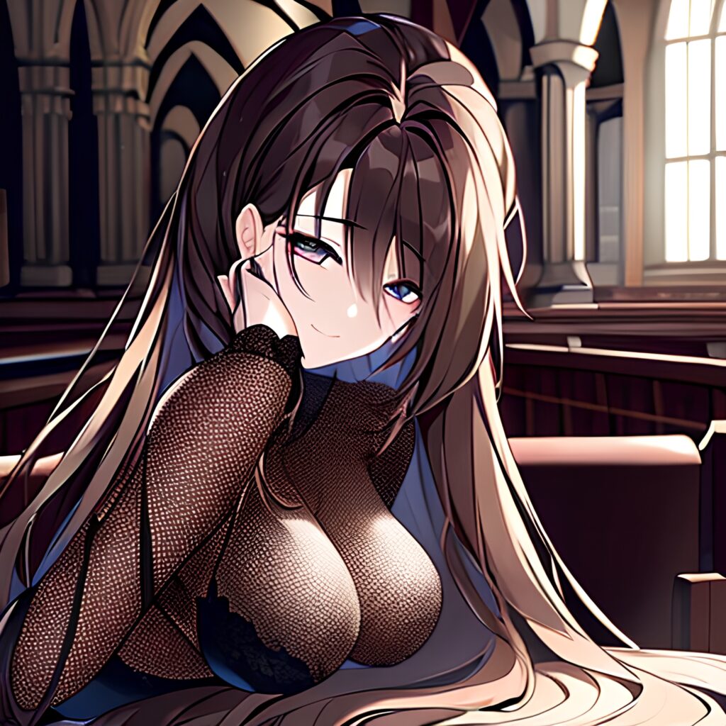 church brunette long hair woman messy hair fishnet 