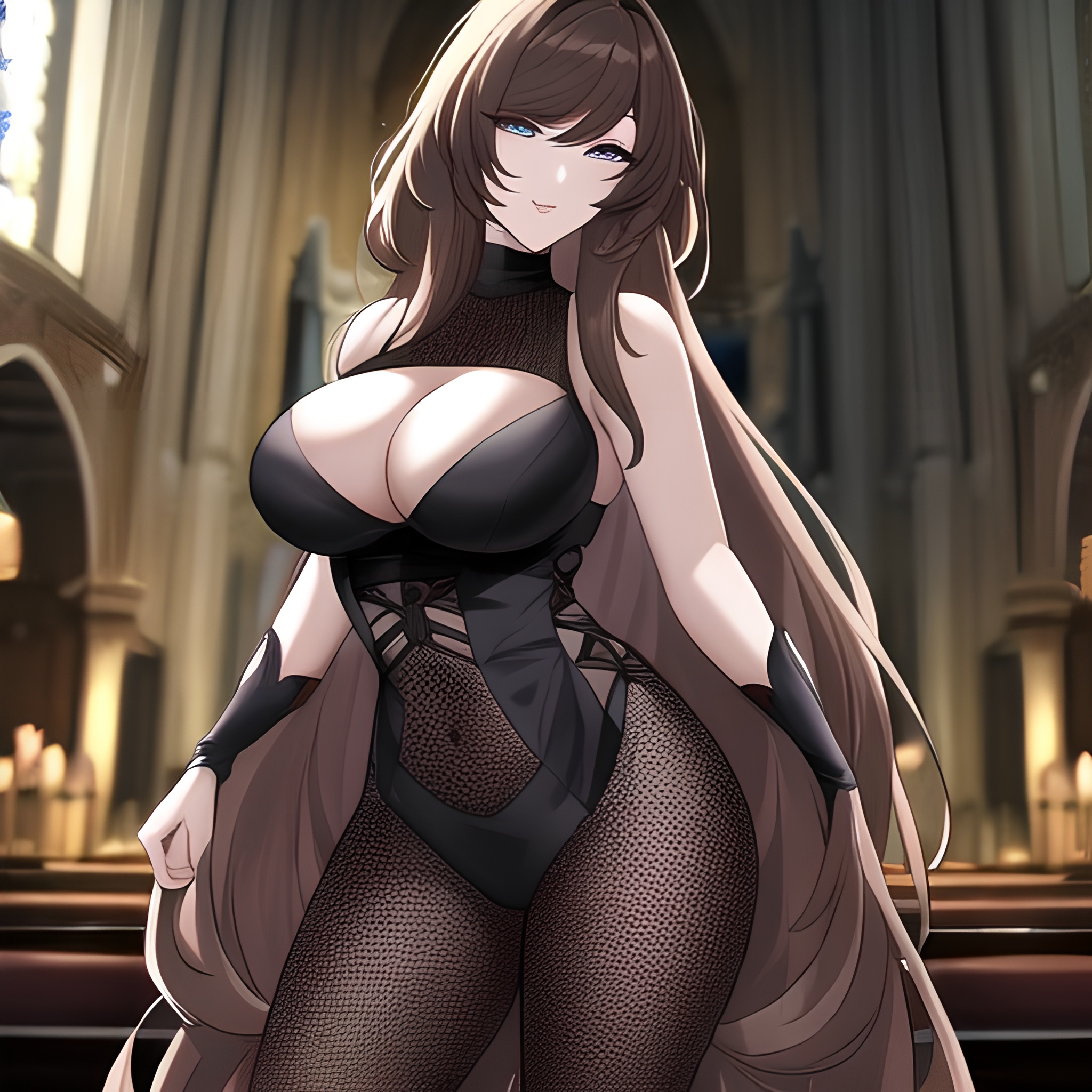 church brunette long hair woman messy hair fishnet 