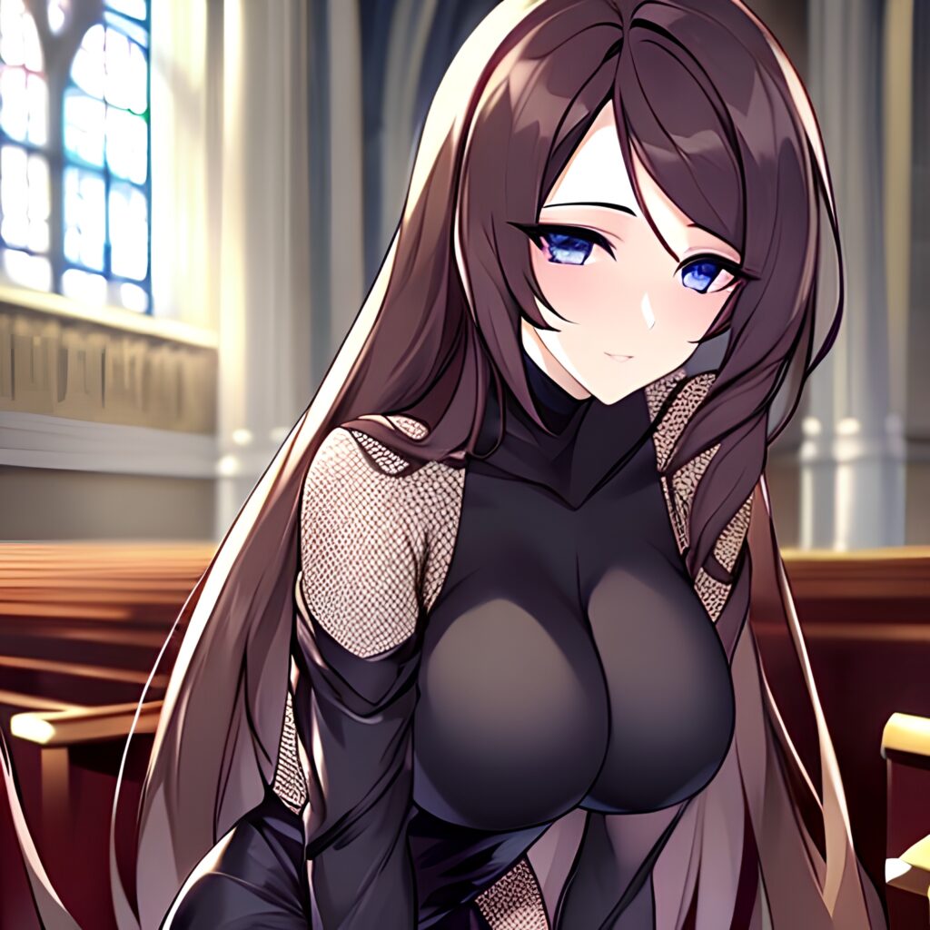 church brunette long hair woman messy hair fishnet 